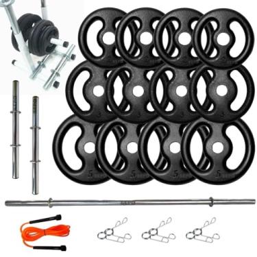 Imagem de Kit Anilhas Ferro Fundido 40 Kg+ 3 Barras + Corda + Suporte