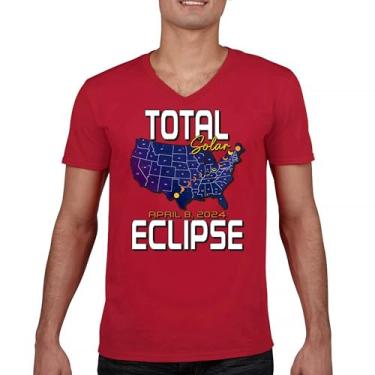 Imagem de Camiseta com mapa total do eclipse solar com decote em V, apenas com óculos de eclipse, 8 de abril de 2024, festa, astronomia, sol, lua, Vermelho, XXG