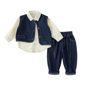 Imagem de Conjunto de 3 peças de camisa de manga comprida para bebês meninos + calça jeans + colete jeans casual moderno conjunto de 3 peças, Azul, 130/5-6 Y