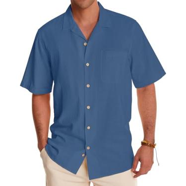 Imagem de Alimens & Gentle Camisas masculinas de linho camisas de manga curta com botões casuais verão praia tops algodão camisas havaianas, Jeans azul, XXG