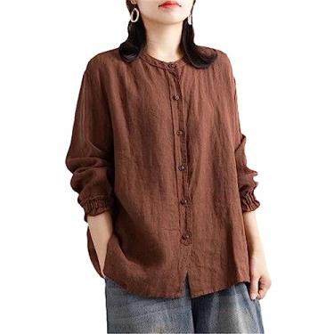 Imagem de ZMIN Primavera e outono estilo étnico retrô algodão linho camisa casual feminina gola redonda solta botão camisa feminina manga longa, Café, G