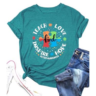 Imagem de Camisetas femininas Autism Awareness Teacher Be Kind Teach Hope Love Inspire Graphic Tops, Azul ciano, M