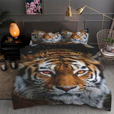 Imagem de Jogo de cama solteiro de tigre feroz, preto, conjunto de 3 peças para decoração de quarto, capa de edredom de microfibra macia 152 x 232 cm e 2 fronhas, com fecho de zíper e laços