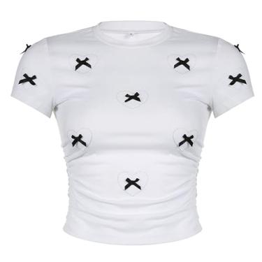 Imagem de Camiseta feminina Y2K Crop Top Slim Fit gola redonda manga curta com estampa de laço 3D Love, Branco, P