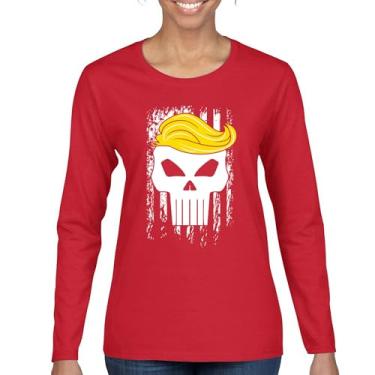 Imagem de Camiseta feminina de manga comprida com bandeira de Trump 2024 Make America First Great Again Deplorable Skull My President MAGA Republican FJB, Vermelho, GG