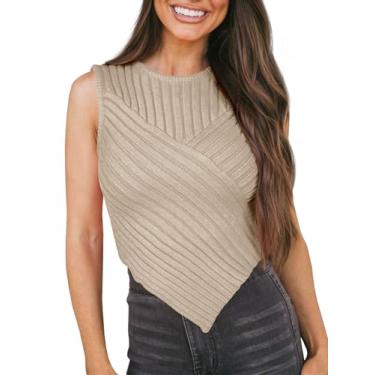 Imagem de Saodimallsu Suéter feminino cropped de verão sem mangas de malha canelada gola redonda slim fit tops cropped básicos, Caqui, GG