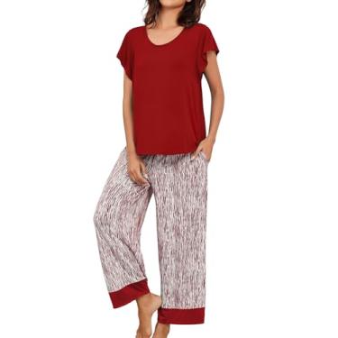 Imagem de JRYNOEU Conjunto de pijama feminino de verão para mulheres, conjunto de pijama capri de 2 peças com bolsos, Vermelho, XXG