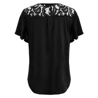 Imagem de New Summer Women's Clothing Camiseta feminina cor sólida malha emenda babados manga curta grande camiseta feminina, Preto, G