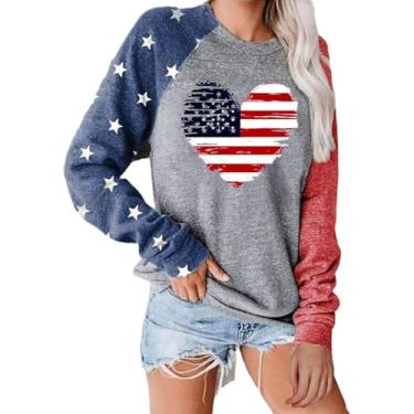 Imagem de Camiseta feminina com estampa de estrela da bandeira americana Memorial Day, camiseta de manga comprida, camiseta de gola redonda 4 de julho, Cinza escuro, GG