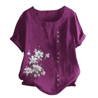 Imagem de Camiseta feminina de algodão e linho, manga curta, gola redonda, casual, solta, blusa floral com botões, Vinho, 4G