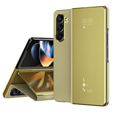 Imagem de POYUFRG Capa flip para Samsung Galaxy Z Fold 6, Smart Clear View Makeup Mirror Plating Hard PC Kickstand Slim Leather Capa protetora de corpo inteiro, dourada