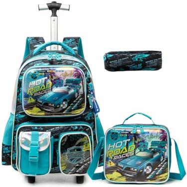 Imagem de Egchescebo Mochila Escolar Infantil com Rodinhas para Menino e Crianças Rodas Bolsa Mala Carrinho 17” 3PCS Lancheira Juvenil Estojo Costas Divertidamente Multifuncionais Carro Azul