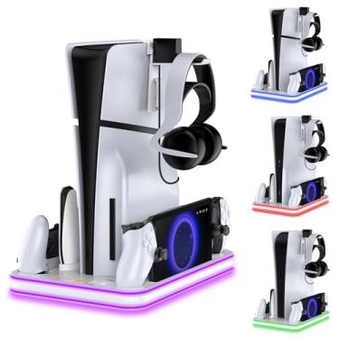 Imagem de Suporte e estação de resfriamento para PS5 / PS5 Slim com estação de carregamento de controlador LED RGB, suporte de carregamento PS Portal com ventilador de resfriamento de 3 estágios. (White RGB)