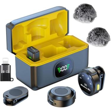 Imagem de Microfone de lapela sem fio 2 em 1 para iPhone Android, alcance de 50 metros, sem fio, clipe, redução de ruído, microfone de lapela para Youtuber, Tiktoker, vlogging, gravação de vídeo,