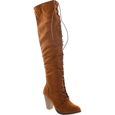 Imagem de Bota feminina de montaria Forever salto grosso com cadarço acima do joelho, Tan Suede, 8