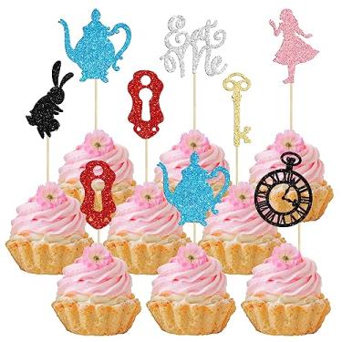 Imagem de Gyufise Pacote com 28 capas de cupcake Alice no País das Maravilhas Glitter Tea Party Eat Me cupcake picaretas permite decoração de bolo de partea chá de bebê menino menina crianças aniversário chá suprimentos