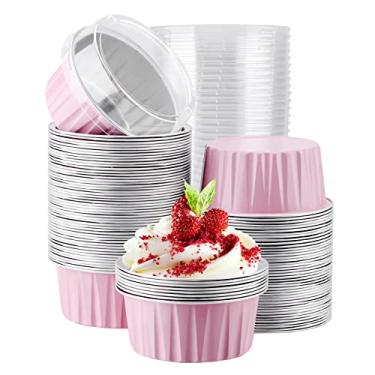 Imagem de 100 Ramekins Descartáveis, Eusoar 125 ml Canecas de Muffin Cupcake com tampas, Creme Brulee Ramekins, Caixas de Alumínio Forro de Bolo para Asse Suportes para Bake Sale Embalagem Caixas de Sobremesa Cases Caixas, 125ml Pink