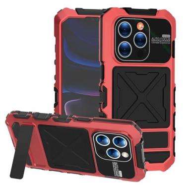 Imagem de Simicoo Compatível com iPhone 15 Pro Metal Bumper Militar Capa de Silicone Resistente Armadura de Metal Defender com Suporte Integrado Gorilla Glass Capa Completa à Prova de Poeira (Vermelho)