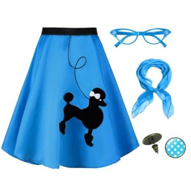 Imagem de Knemksplanet Saias midi poodle femininas dos anos 50, 4 peças, acessórios de fantasia dos anos 50, cachecol e brincos de bolinhas, Azul escuro, Small