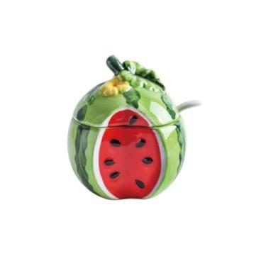 Imagem de MayeBridge Tigela de açúcar de frutas fofa, tigela de açúcar de melancia, pote de melancia, pote de sal de cerâmica, pote de armazenamento de pimenta com tampa e colher, potes de condimentos