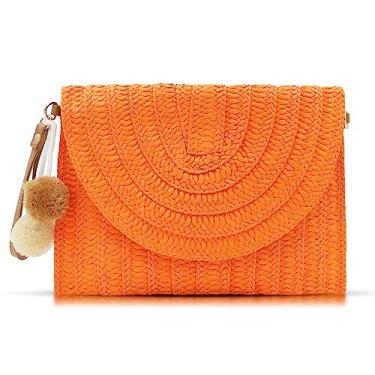 Imagem de QTKJ Bolsas transversais para mulheres, bolsas clutch de palha, pacote envelope de tecido boêmio feito à mão, Laranja