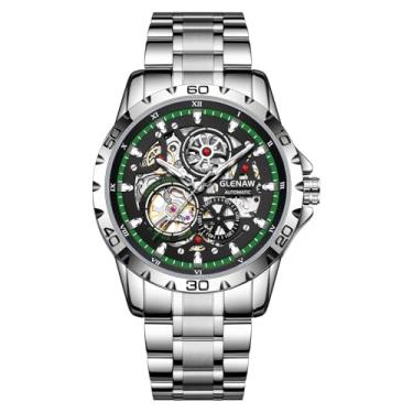 Imagem de GLENAW Relógios automáticos masculinos – Mecânico, mostrador esqueleto, à prova d'água de 30 ATM, com pulseira de aço inoxidável, relógio de pulso – Presente elegante masculino, 8999 - Verde prateado
