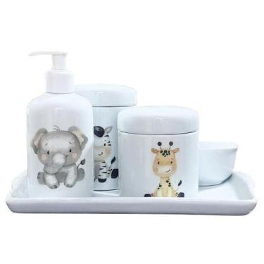Imagem de Kit higiene bebê Safari 5 peças - Bandeja, potes, porta álcool e molha