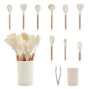 Imagem de GreenLife Conjunto de panelas de silicone com 11 peças, utensílios de cozinha antiaderentes, concha, virador, espátula, colher, espátula, servidor de espaguete, escova, batedor, pinça, crock, branco