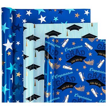 Imagem de WRAPAHOLIC Rolo de papel de embrulho de graduação – Mini rolo – 3 rolos – 43 cm x 300 cm por rolo – tampa de valetadeira e design de estrela para celebração, embalagem de presente de festa