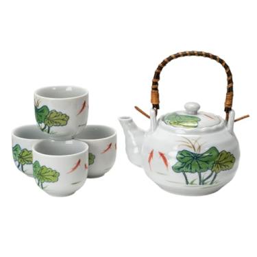 Imagem de Conjunto de chá de porcelana estilo japonês, bule de chá de 650 ml com 4 xícaras, design de peixe Koi e folha de lótus, branco, alça de bambu
