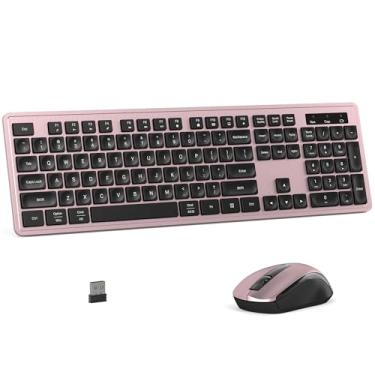 Imagem de MPTOG Combo de teclado e mouse sem fio, teclado de escritório de 104 teclas de tamanho completo com 15 teclas de função, teclado numérico, receptor USB único, compatível com PC e laptop (rosa)