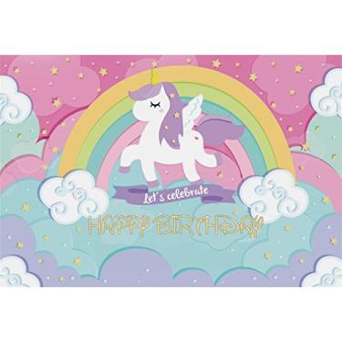 Imagem de Papel de parede AOFOTO com fundo de unicórnio fofo de 1,8 m x 1,8 m, fundo fotográfico de aniversário com desenho de desenho animado nuvens de arco-íris estrelas menina festa decoração banner de estúdio de foto adereços recém-nascido criança criança bebê vinil