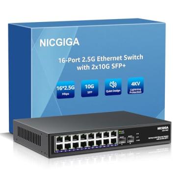 Imagem de 16 Port 2.5G ➕ 2 Port 10G SFP+ Ethernet Switch, NICGIGA 18 Port 2.5Gb Network Switch Unmanaged, Plug & Play, Desktop or 19-inch Rack Mount, Fanless Metal Design.