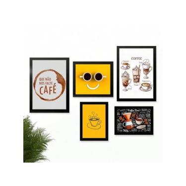 Imagem de Kit 5 Quadros Cantinho do Café Placas Decorativas Coffee Amarelo - Pri