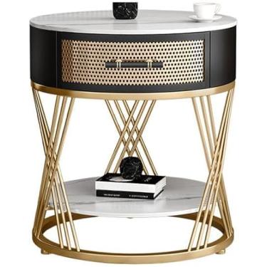 Imagem de PEYNIR Mesas de cabeceira douradas com topo de pedra conjunto de 2 armários de cabeceira com moldura de metal com gavetas mesas de canto para quarto, sala de estar, cabeceira e peito estreito