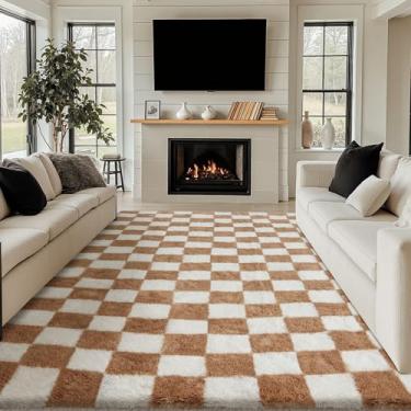 Imagem de PureCozy Tapete quadriculado 22 x 30,5 cm para sala de estar, bege e branco, moderno, supermacio, lavável, tapete felpudo antiderrapante para quarto, casa, decoração estética