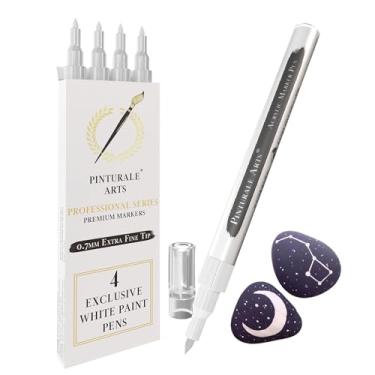 Imagem de Pinturale Arts Caneta de tinta branca ponta fina | Conjunto de 4 canetas de tinta acrílica branca ponta fina de 0,7 mm para papel preto, cerâmica, pintura rupestre, vidro, madeira, tela, metal