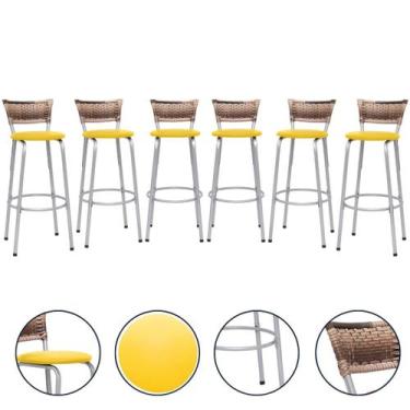 Imagem de Banco Para Balcão Alto Estrutura Prata Encosto Junco Cappuccino Ideal 