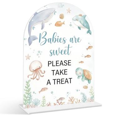 Imagem de Babies Are Sweet Please Take a Treat Sign - Placa de chá de bebê sob o mar, 1 pacote de placa acrílica de arco com suporte, decoração de mesa de festa reveladora de gênero, suprimentos de chá de bebê