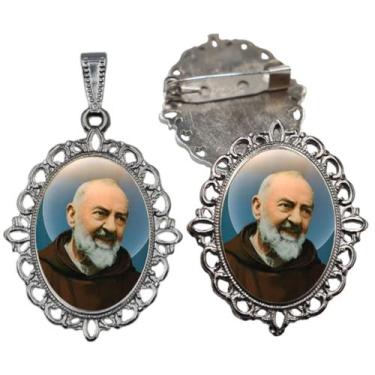 Imagem de Broche com Relicario Cor Prata Padre Pio Terno Noivo lapela Qualidade 