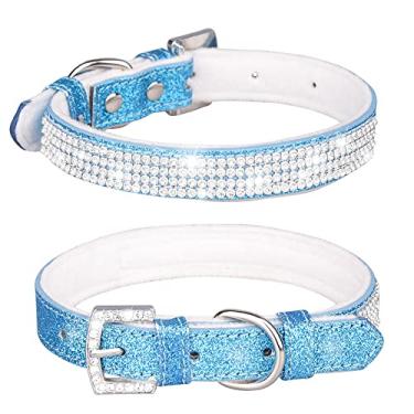 Imagem de Pimaodog Coleira para cachorro com strass, linda coleira de cachorro de couro brilhante para cachorro gato com strass cristal diamante para cachorro (P: 21-27 cm, azul)