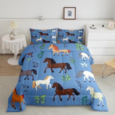 Imagem de Erosebridal Conjunto de edredom solteiro com desenho de cavalos, branco e marrom, para crianças, meninos e meninas, animais selvagens, safári, macio para quarto, estampa rústica fofa e com enchimento