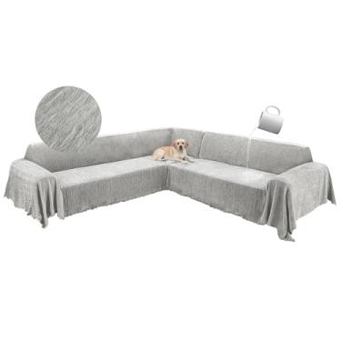 Imagem de ROFASVCO 1OO% capas de sofá seccionais de canto à prova d'água em forma de L com borla, macia, grossa, lavável, protetor de móveis para cães e animais de estimação (231 cm x 701 cm, cinza ar)