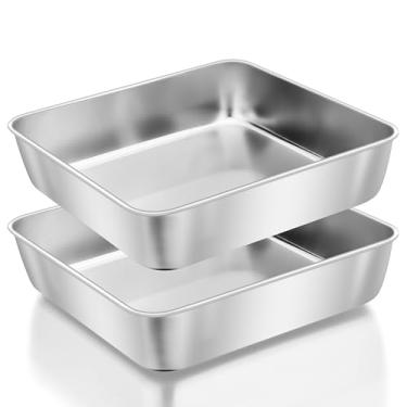 Imagem de Herogo Conjunto de 2 assadeiras de 22 x 22 x 5 cm para forno, forma quadrada de aço inoxidável para brownies de lasanha, caçarolas, pode ser lavada na lava-louças e durável