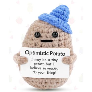 Imagem de Boneca de crochê de batata positiva com chapéu – Mini boneca engraçada de lã de malha com cartão de apoio emocional, presentes de torcida para amigos, decorações de festa de aniversário e Natal -
