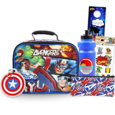 Imagem de Marvel Conjunto de lancheira Vingadores para meninos – Lancheira, chaveiro, garrafa de água, adesivos, kit de recipiente de refeição para crianças mais Vingadores