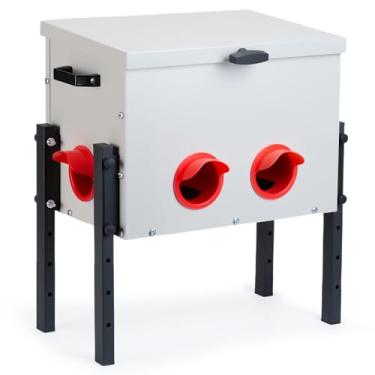 Imagem de GVGBUK Alimentador de frango de metal com 4 portas, alimentador de aves de metal de 13,6 kg, caixa de alimentação à prova de intempéries com altura ajustável para galinhas, gansos, patos, perus