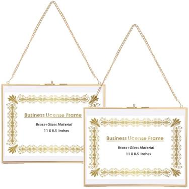 Imagem de JUXYES Pacote com 2 molduras de exibição de certificado de latão para pendurar na parede, molduras flutuantes para diploma de vidro duplo, moldura dourada para graduação de 20 x 28 cm