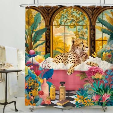 Imagem de LIGHTINHOME Cortina de chuveiro engraçada leopardo 152 cm L x 182 cm A vintage rosa choque vida selvagem na banheira selva animal planta tropical tecido tecido impermeável poliéster banheiro decoração