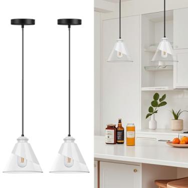 Imagem de URSOLA Luminária pendente de vidro transparente branco moderno, luzes pequenas de ilha nórdica única, luz de suspensão ajustável para sala de jantar da ilha da cozinha, sombra de 17,8 cm, cabo de 5 a